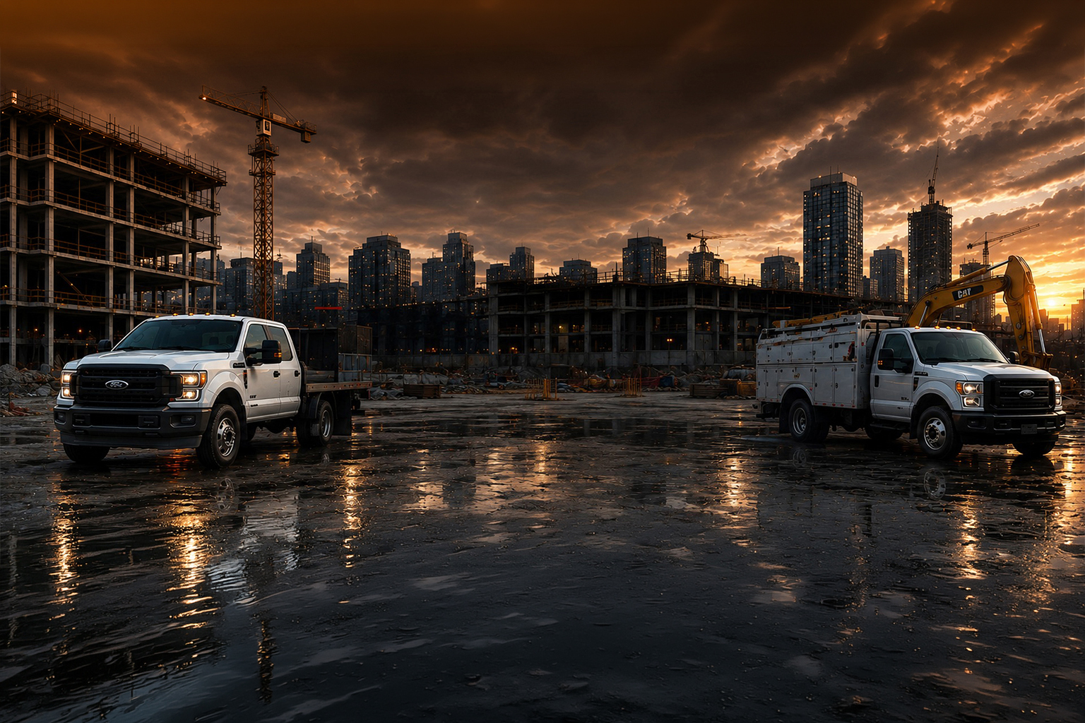 Utility truck and flatbed truck at a commercial jobsite